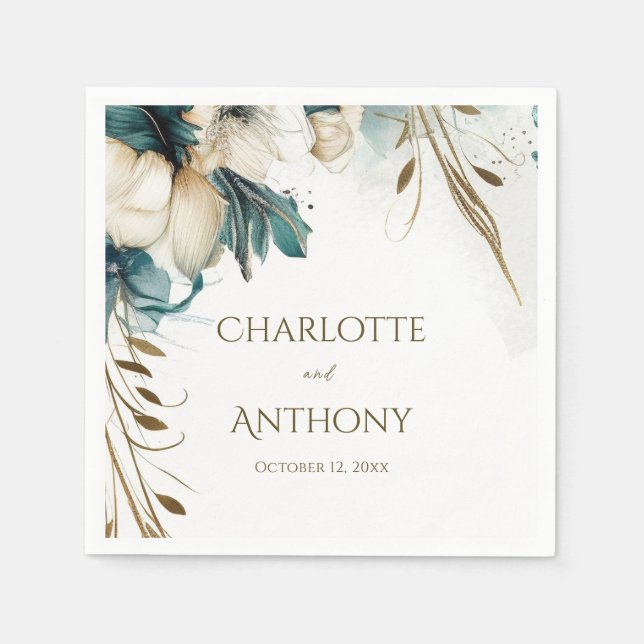 Elegant Greenery Floral Minimal Teal Gold Wedding Napkin (Front)