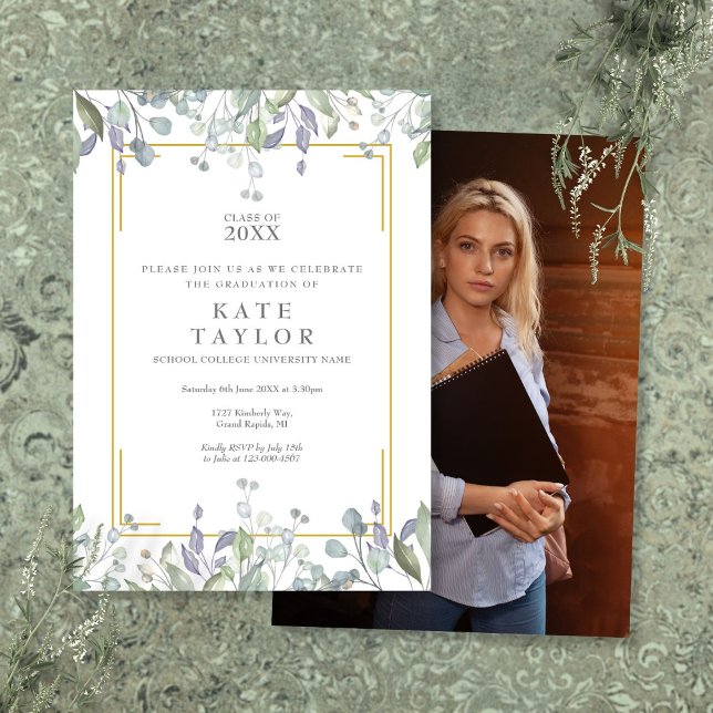 Elegant Greenery Floral Photo Graduation Party Invitation (Elegant Greenery Floral Photo Graduation Party Invitation)