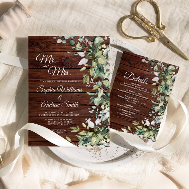 Elegant Greenery Floral Rustic Wood Wedding Invitation (Creator Uploaded)