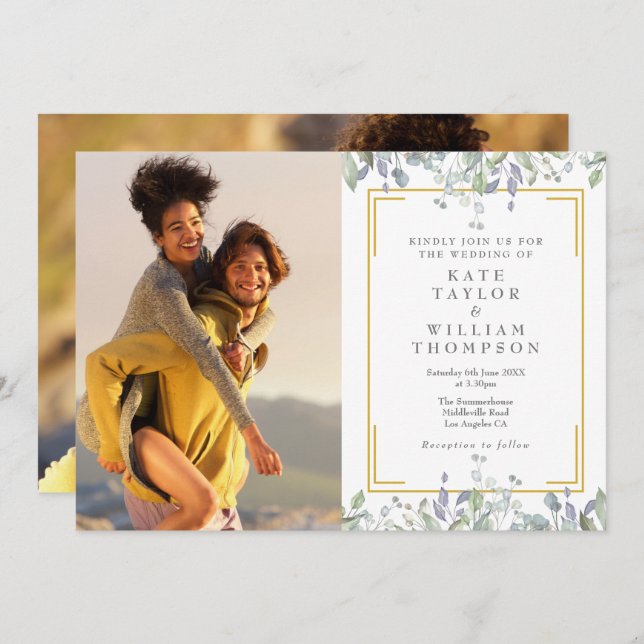 Elegant Greenery Floral Sage Lilac 2 Photo Wedding Invitation (Front/Back)