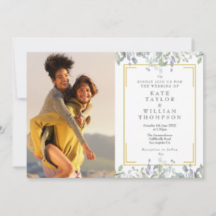 Elegant Greenery Floral Sage Lilac Photo Wedding Invitation