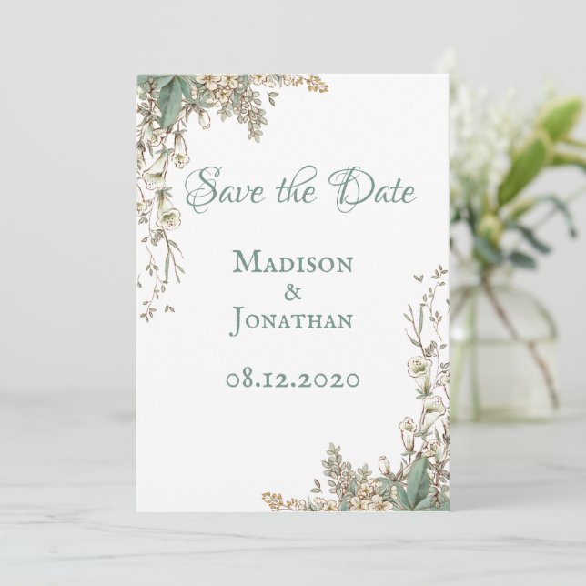 Elegant Greenery Floral Script Wedding Save The Date (Standing Front)