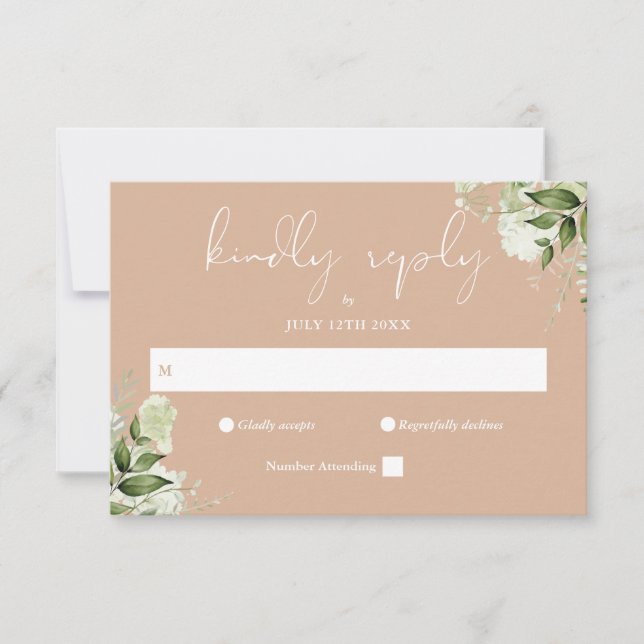 Elegant Greenery Floral Tan Wedding RSVP Card (Front)