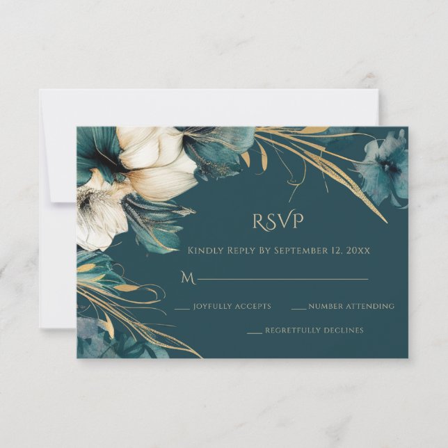 Elegant Greenery Floral Teal Gold Wedding RSVP Card (Front)