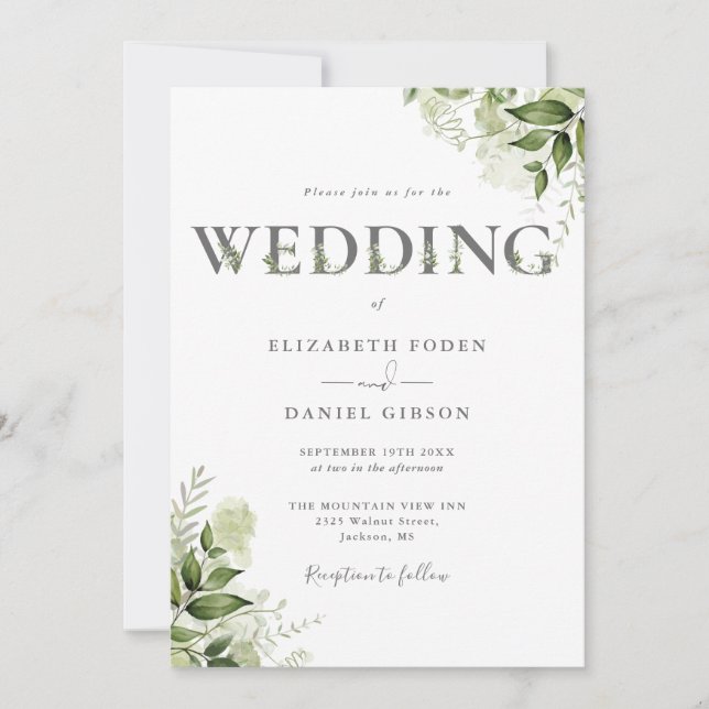 Elegant Greenery Floral Typography Wedding Invitation (Front)