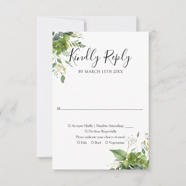 Elegant Greenery Floral Wedding Kindy Reply  RSVP Card (Front)