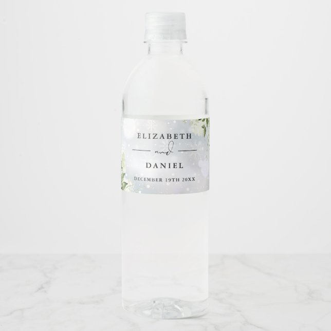 Elegant Greenery Floral Winter Wedding Water Bottle Label (Front)