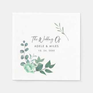 Elegant Greenery Flowers Personalised Names Weddin Napkin