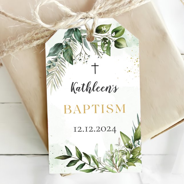 Elegant Greenery Foliage Baptism Gift Tags (Creator Uploaded)