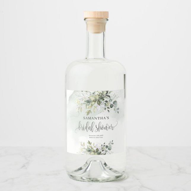 Elegant greenery foliage faux gold Bridal Shower Liquor Bottle Label (Front)