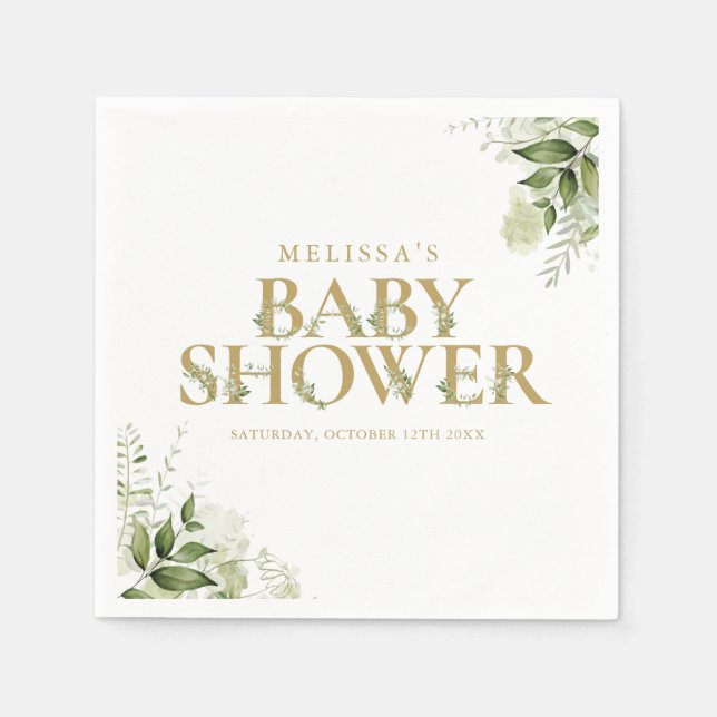 Elegant Greenery Foliage Gold Baby Shower Napkin (Front)