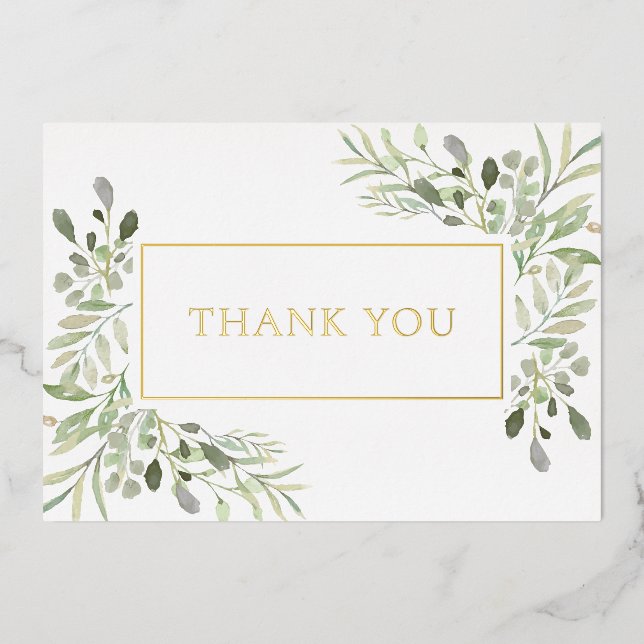 Elegant Greenery Foliage Gold Foil Thank You Card (Front)