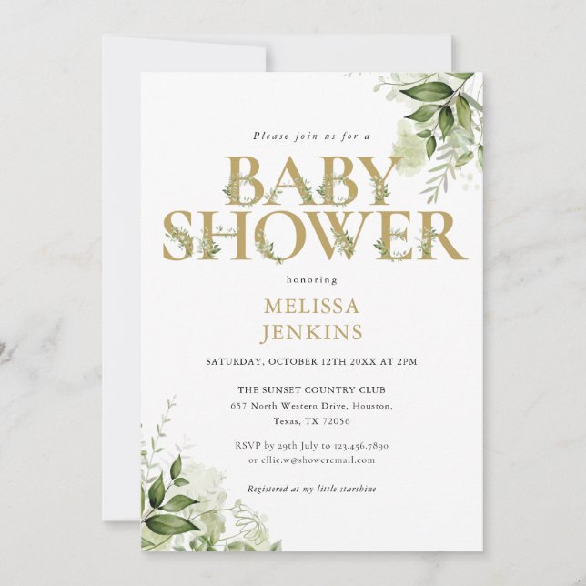 Elegant Greenery Foliage Gold Letter Baby Shower Invitation (Front)