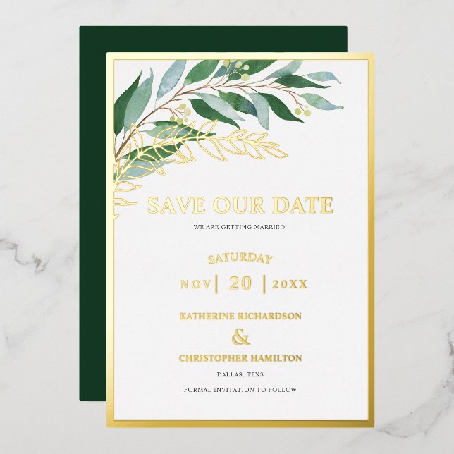 Elegant Greenery Foliage Green Save The Date (Front/Back)
