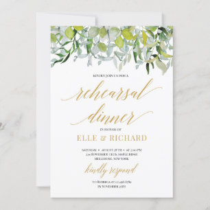 Elegant greenery foliage leaves gold rehearsal invitation