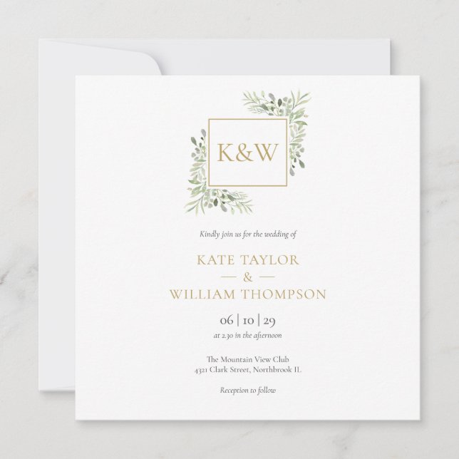 Elegant Greenery Foliage Monogram Square Wedding Invitation (Front)