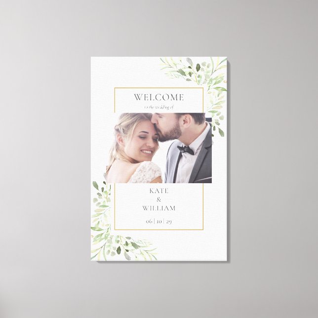 Elegant Greenery Foliage Photo Wedding Welcome Canvas Print (Front)
