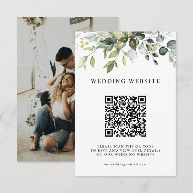 Elegant Greenery Foliage QR Code & Photo Wedding Enclosure Card (Front/Back)