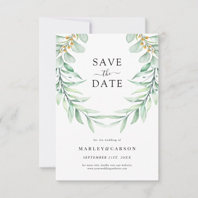 Elegant Greenery Foliage Wedding Save The Date (Front)