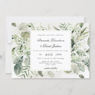 Elegant Greenery Foliage White Floral Boho Wedding Invitation