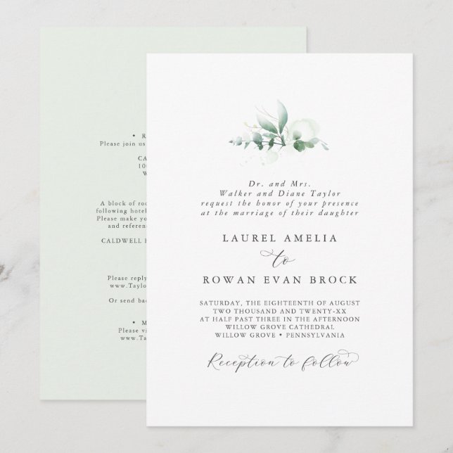 Elegant Greenery Formal Wedding Invitation (Front/Back)