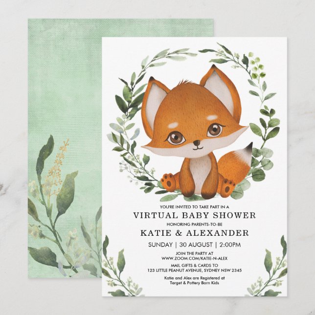 Elegant Greenery Fox Virtual Baby Shower By Mail Invitation (Front/Back)