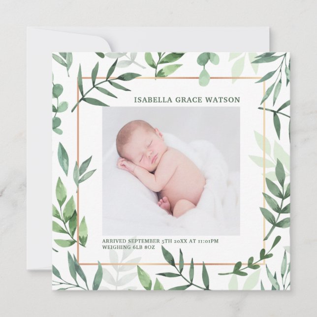 Elegant Greenery Frame | Baby Photo Birth Announcement (Front)