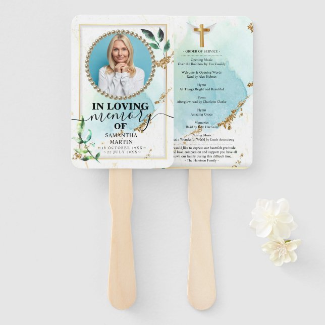 Elegant Greenery Funeral Celebration of Life Hand Fan (Front and Back)