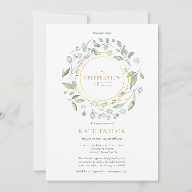 Elegant Greenery Garland Gold Celebration of Life Invitation (Front)