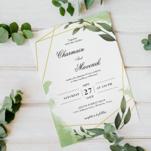 Elegant Greenery Geo Frame Eucalyptus Leaf Wedding Invitation