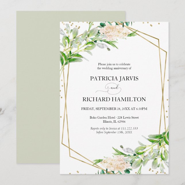 Elegant Greenery Geometric Wedding Anniversary Invitation (Front/Back)