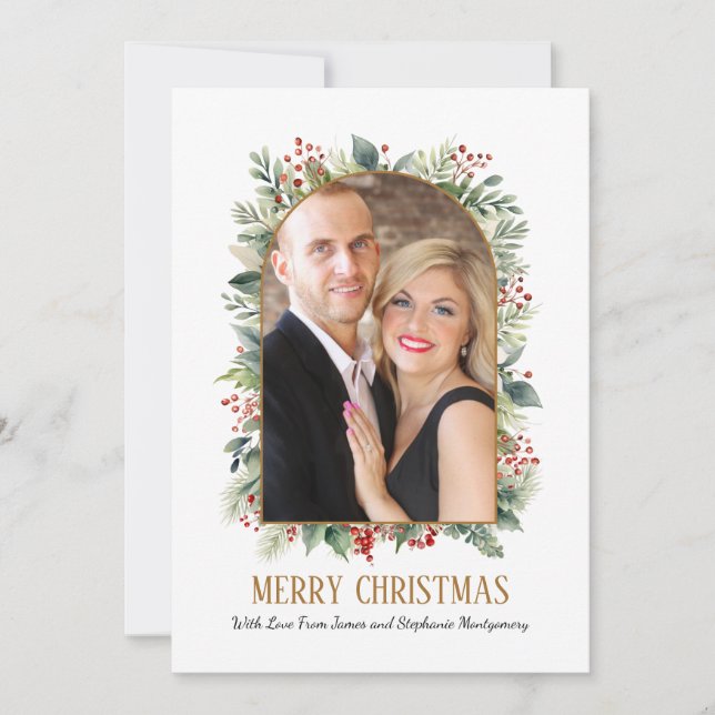 Elegant Greenery Gold Arch Custom Photo Christmas Holiday Card (Front)