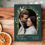 Elegant Greenery Gold Arch Merry Christmas Photo Holiday Card<br><div class="desc">This design features a modern greenery arch with a delicate glitter gold frame & gold brush strokes with a single vertical photo. To make advanced changes,  please select 'Click to customise further' option under 'Personalise this template' section. Here,  you can edit/add text boxes,  colour and font.</div>
