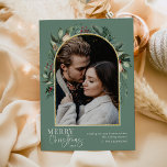 Elegant Greenery Gold Arch Merry Christmas Photo Holiday Card<br><div class="desc">This design features a modern greenery arch with a delicate glitter gold frame with a white frame outline with a single vertical photo. To make advanced changes,  please select 'Click to customise further' option under 'Personalise this template' section. Here,  you can edit/add text boxes,  colour and font.</div>