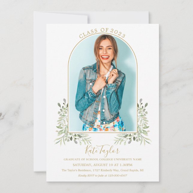 Elegant Greenery Gold Arch Photo Graduation Party  Invitation (Front)