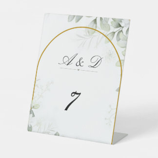 Elegant Greenery & Gold Arch Wedding Table Number Pedestal Sign