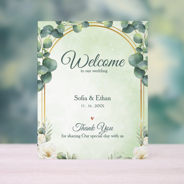Elegant Greenery Gold Arch Wedding Welcome Acrylic Sign (Neutral)