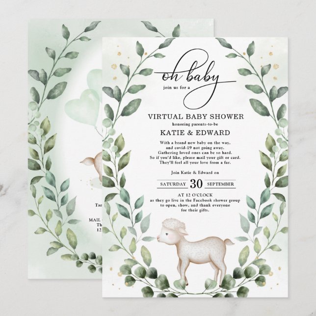 Elegant Greenery Gold Baby Lamb Virtual Shower Invitation (Front/Back)