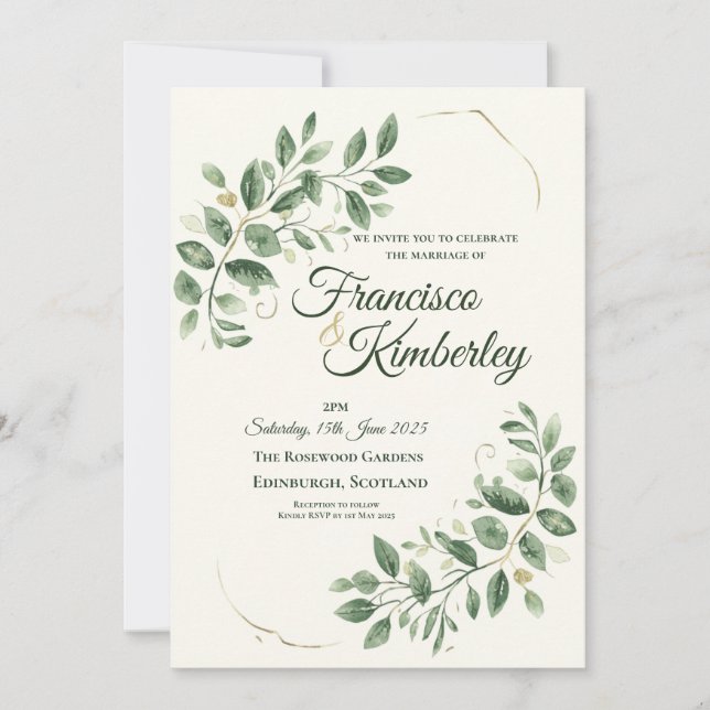 Elegant Greenery Gold Botanical Script Personalise Invitation (Front)