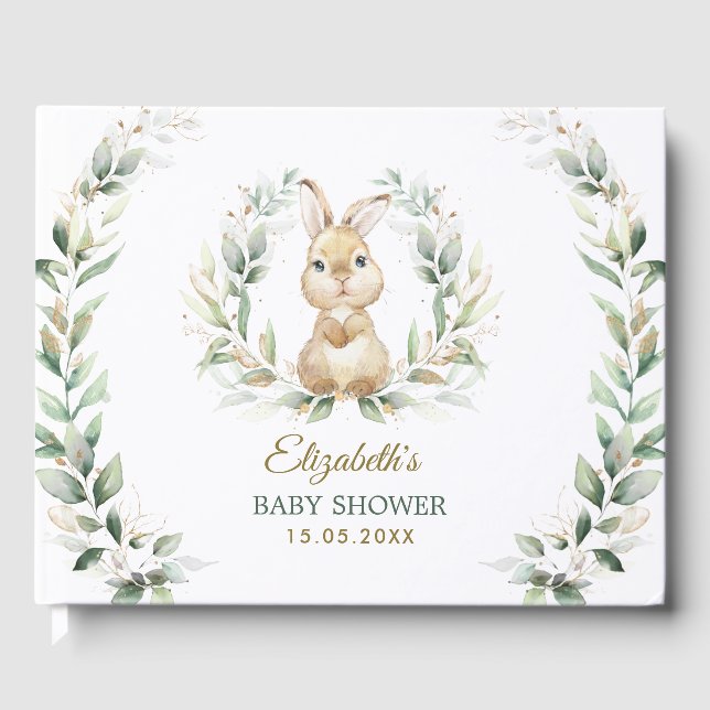 Elegant Greenery Gold Bunny Rabbit Baby Shower Guest Book (Front)
