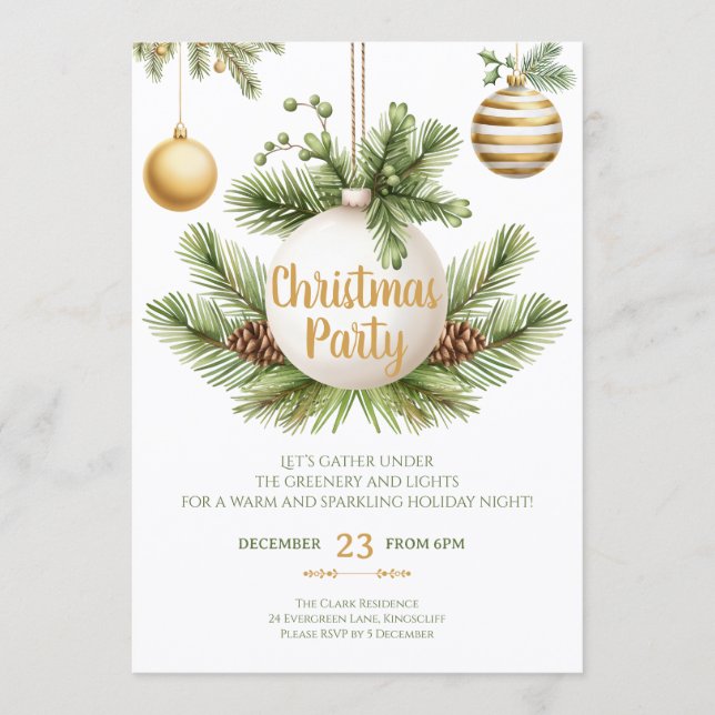 Elegant Greenery & Gold Christmas Party Invitation (Front)