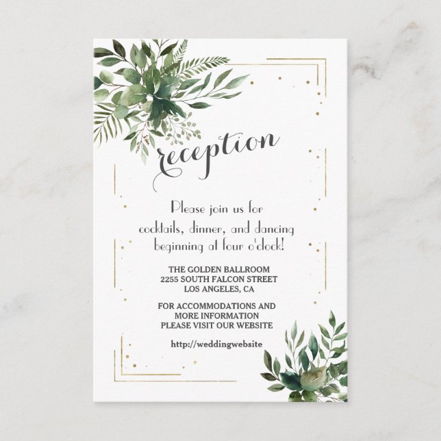 Elegant Greenery Gold Confeti Wedding Details Enclosure Card (Front)