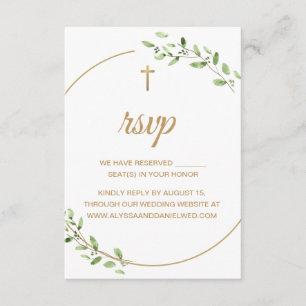 Elegant Greenery Gold Cross Christian Wedding RSVP Card
