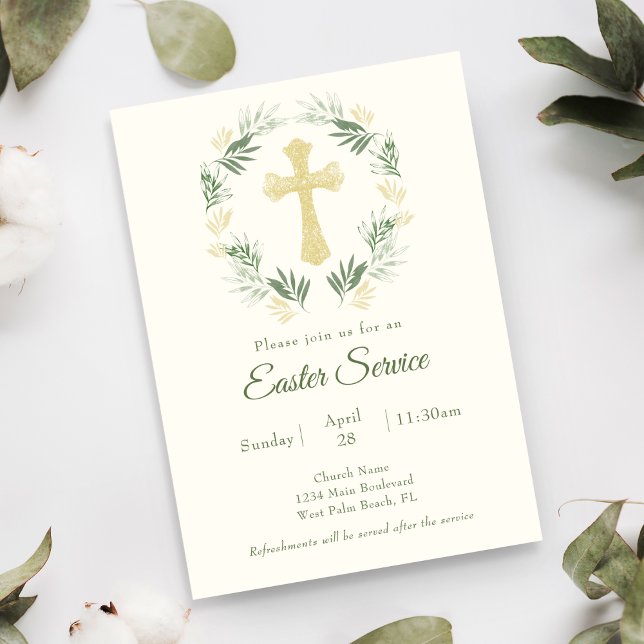 Elegant Greenery Gold Cross Church Easter Service Invitation (Creator Uploaded)