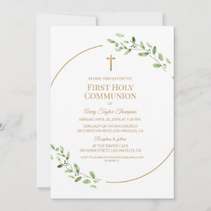 Elegant Greenery Gold Cross First Holy Communion  Invitation