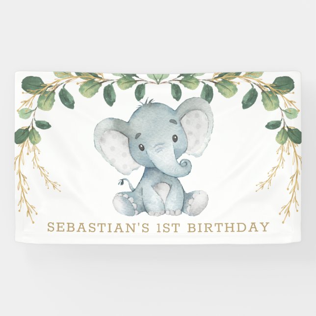 Elegant Greenery Gold Elephant 1st Birthday Party Banner (Horizontal)