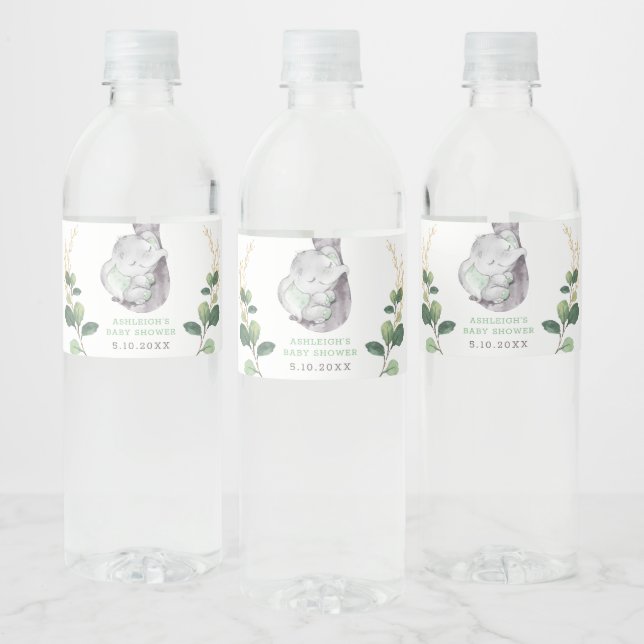 Elegant Greenery Gold Elephant Baby Shower Favors Water Bottle Label (Bottles)