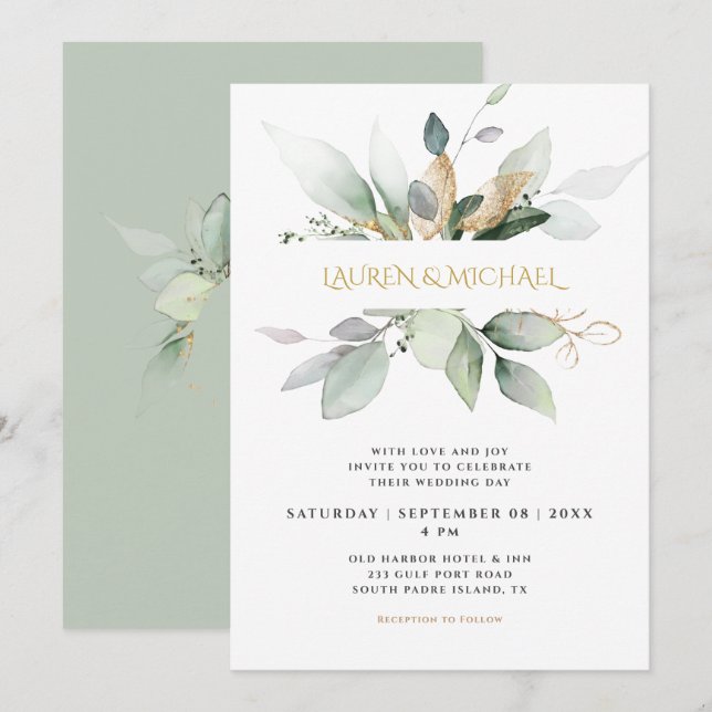 Elegant Greenery & Gold Eucalyptus Wedding  Invitation (Front/Back)