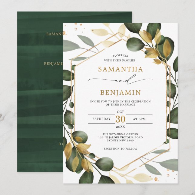 Elegant Greenery Gold Eucalyptus Wedding Party Invitation (Front/Back)