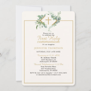Elegant Greenery Gold First Communion Invitation